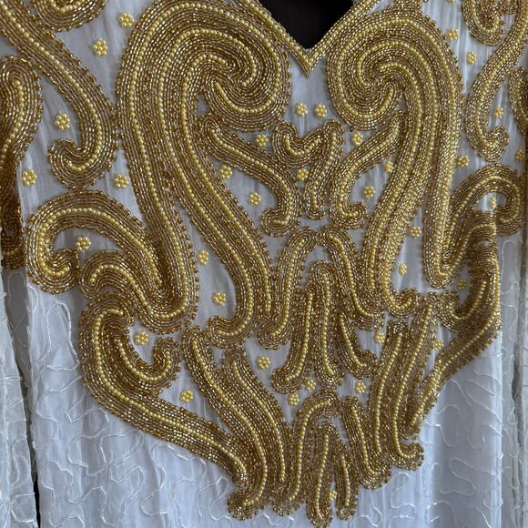 80s Vintage RIGHT CHOICE White and gold Beaded Silk Midi Gown with Slit Large - Picture 3 of 10